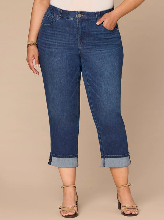 "Ab"solution® High Rise Round Up Yoke Cuffed Plus Size Boyfriend Jeans - Blue Denim