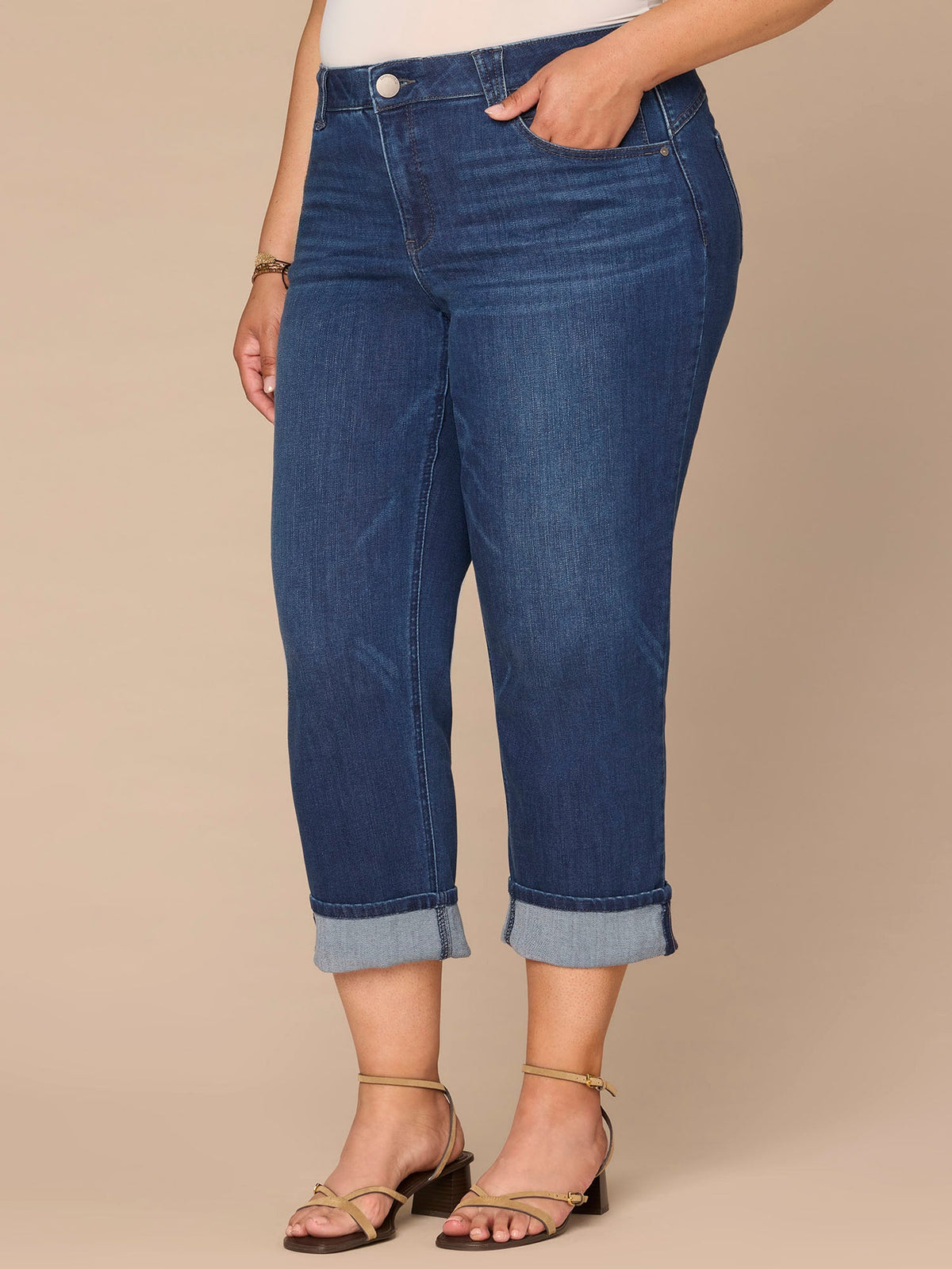 "Ab"solution® High Rise Round Up Yoke Cuffed Plus Size Boyfriend Jeans - Blue Denim