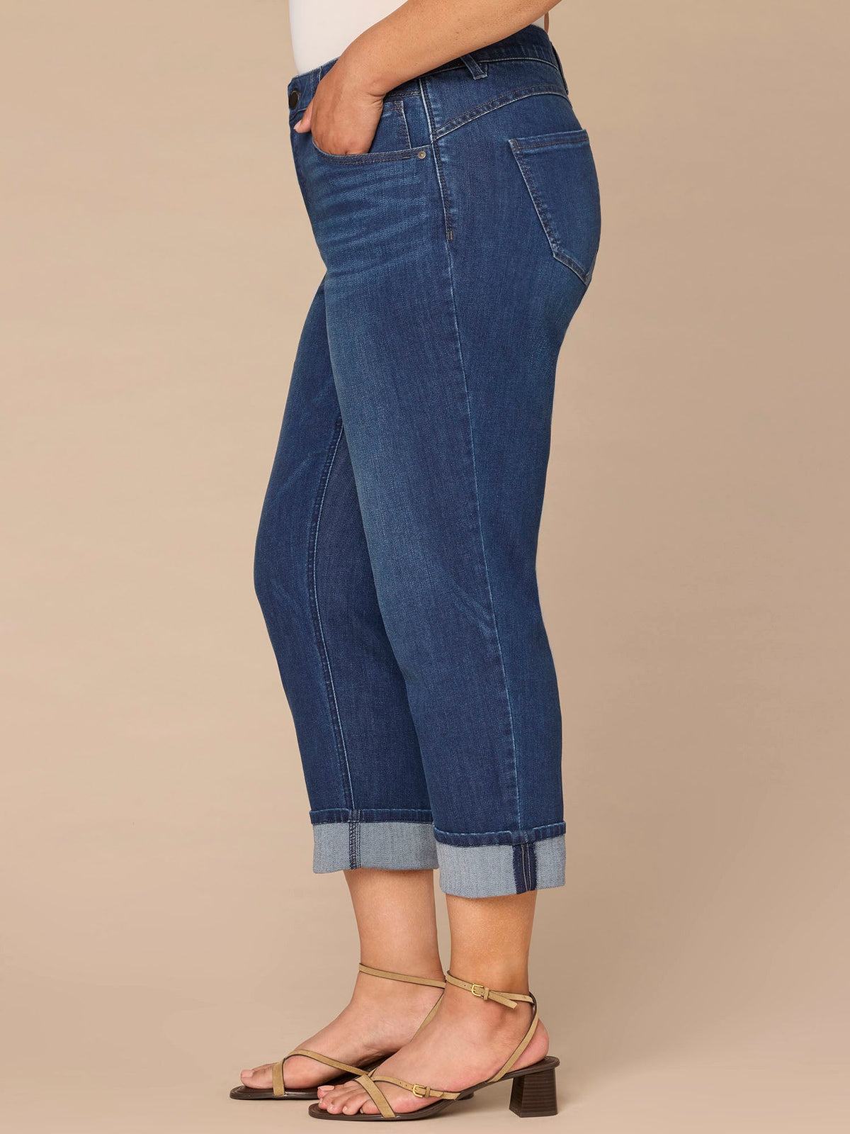 "Ab"solution® High Rise Round Up Yoke Cuffed Plus Size Boyfriend Jeans - Blue Denim