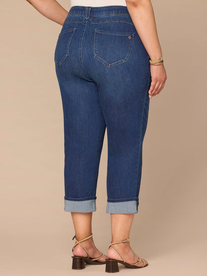 "Ab"solution® High Rise Round Up Yoke Cuffed Plus Size Boyfriend Jeans - Blue Denim