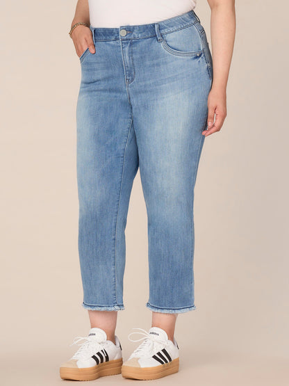 "Ab"solution Plus Size Cascading "D" Back Pocket Slim Straight Jean - Mid Blue Denim