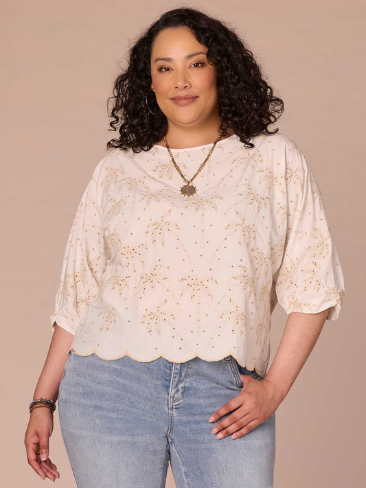 Three Quarter Pleated Sleeve Boat Neck Palm Tree Plus Size Woven Top - Off White Natural