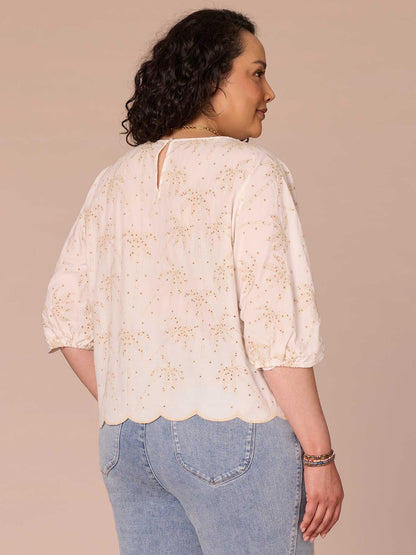 Three Quarter Pleated Sleeve Boat Neck Palm Tree Plus Size Woven Top - Off White Natural