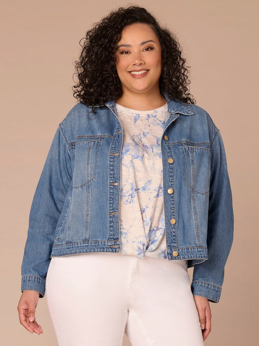 Oversized Barrel Sleeve Button Front Hi-Low Hem Plus Size Denim Jacket - Light Blue Denim