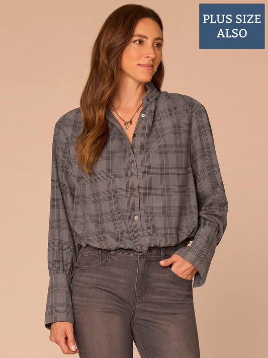 French Cuff Sleeve Hi-Low Ruffle Neck Plaid Plus Size Woven Suede Top - Dove Grey