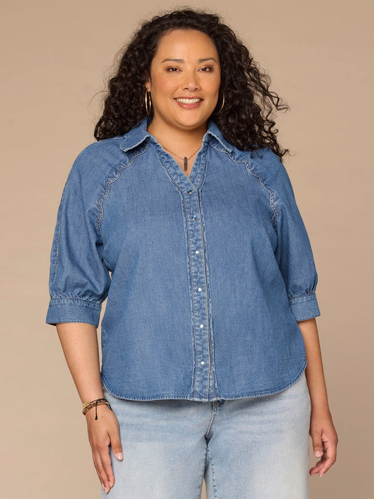 Below Elbow Sleeve Scallop Collar Snap Button Down Plus Size Denim Top - Mid Blue