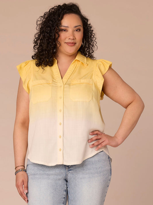 Flutter Sleeve Collar Button Down Scallop Ombre Plus Size Woven Shirt - Snap Dragon