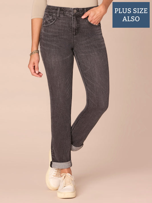 "Ab"solution® Mid-Rise Plus Size Girlfriend Jeans with Roll Cuff - Washed Black Artisanal Denim