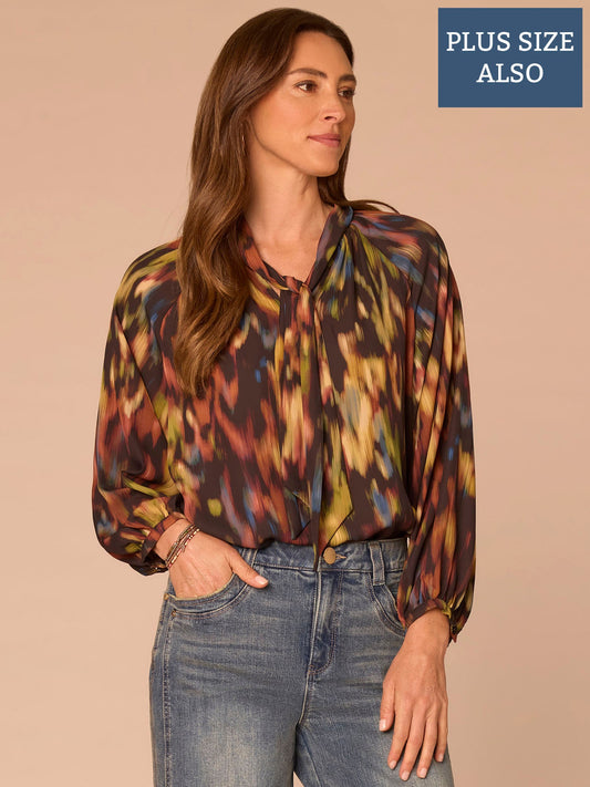 Long Sleeve Stand Collar Self Tie Neck Printed Plus Size Woven Top - Black Multi Print
