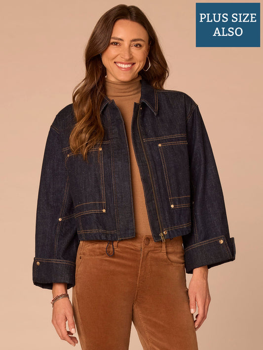 Snap Cuff Sleeve Adjustable Hem Plus Size Denim Bomber Jacket - Indigo Denim