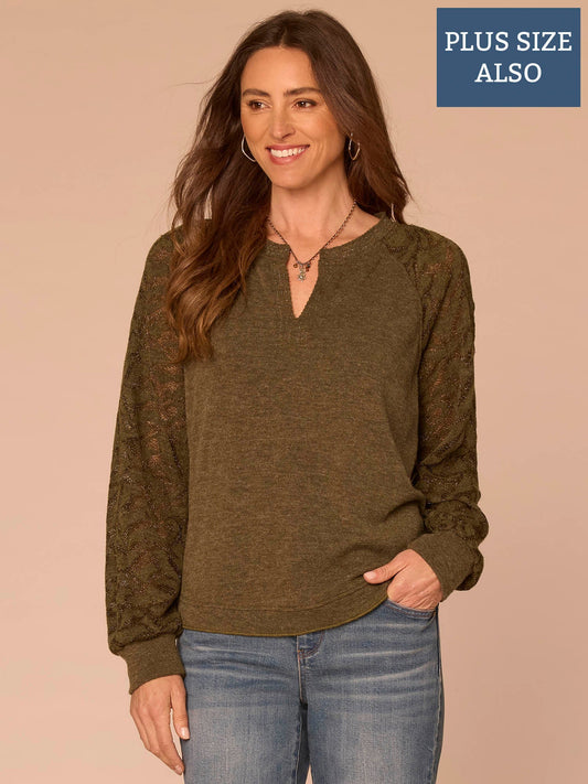Long Blouson Sleeve Mandarin Collar Mixed Media Plus Size Knit Top - Heather Jungle Moss