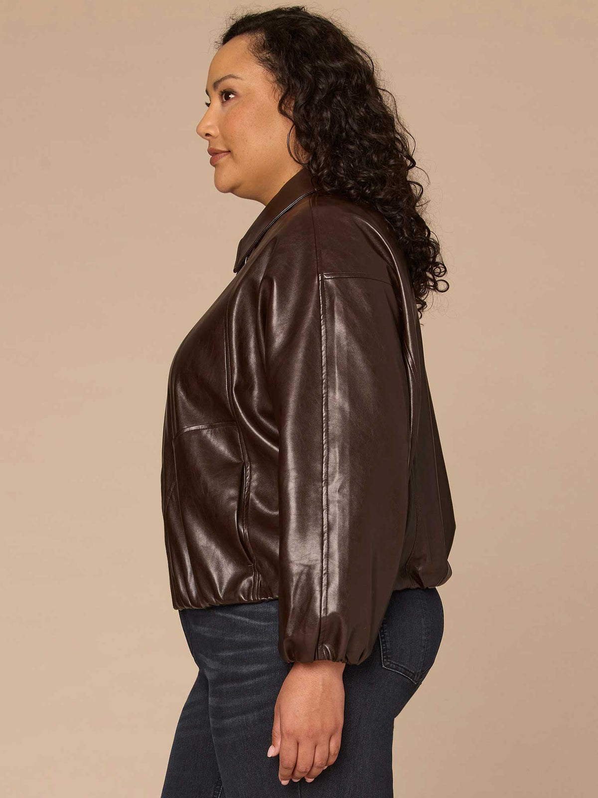 Long Blouson Sleeve Collared Zip Up Plus Size Pleather Bomber Jacket - Chocolate Fudge