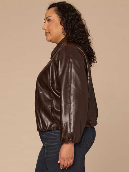 Long Blouson Sleeve Collared Zip Up Plus Size Pleather Bomber Jacket - Chocolate Fudge