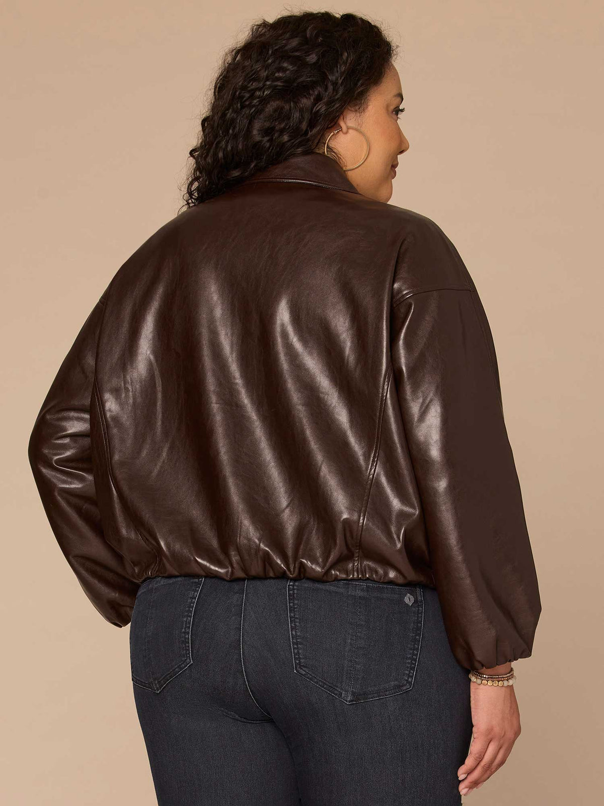 Long Blouson Sleeve Collared Zip Up Plus Size Pleather Bomber Jacket - Chocolate Fudge