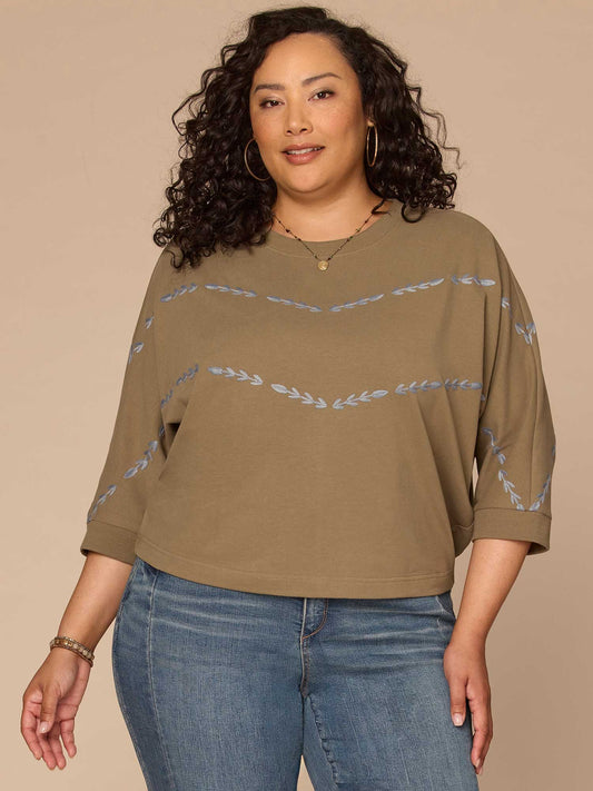 Three Quarter Dolman Sleeve Scoop Neck Embroidered Plus Size Knit Top - Laurel Oak Blue Shadow