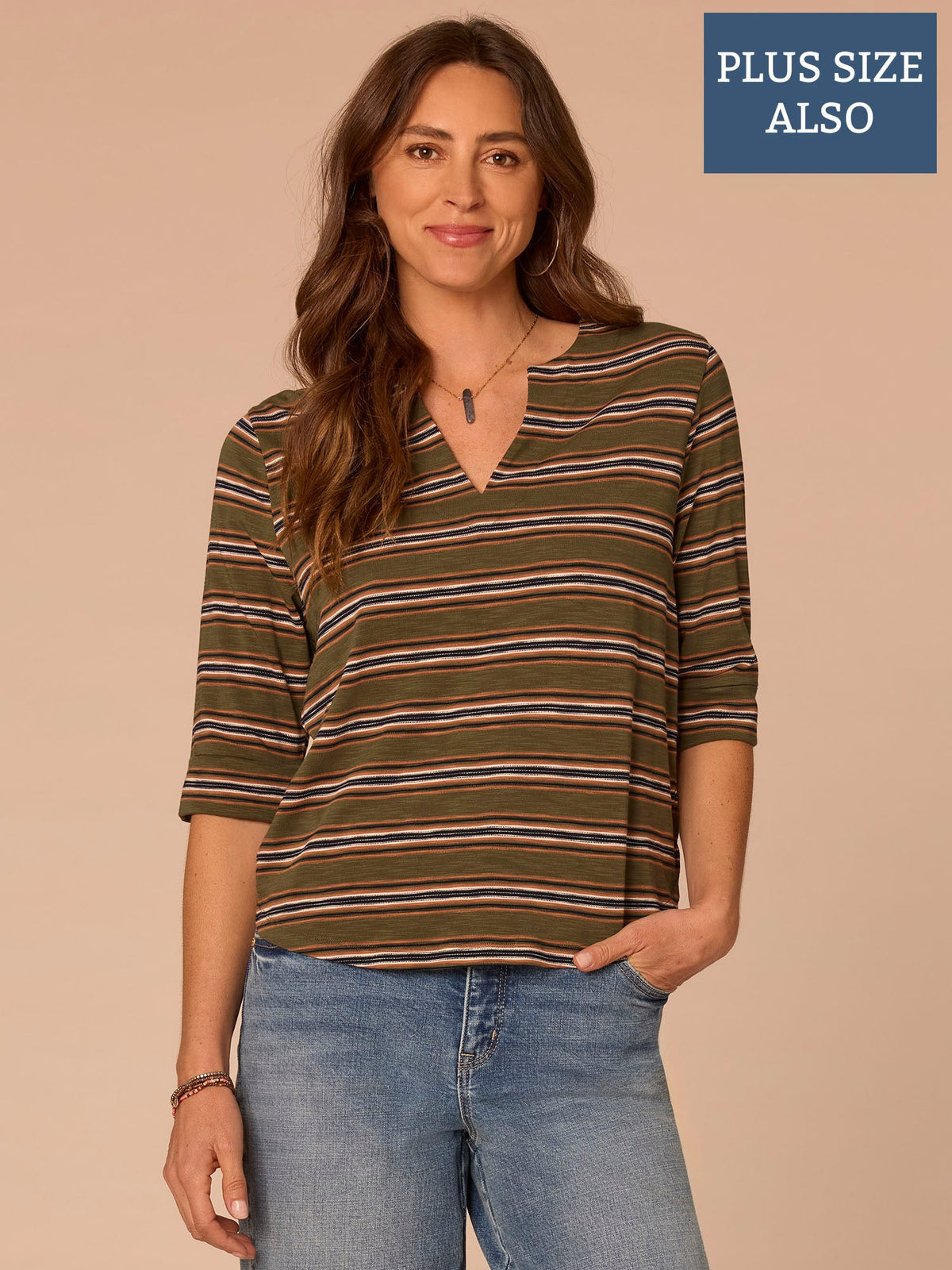 Elbow Roll Cuff Sleeve Split V-Neck Striped Plus Knit Top - Celadon Multi