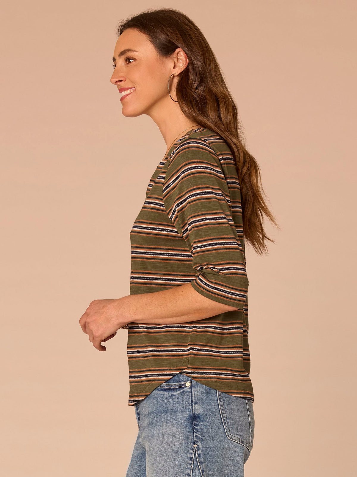 Elbow Roll Cuff Sleeve Split V-Neck Striped Plus Knit Top - Celadon Multi
