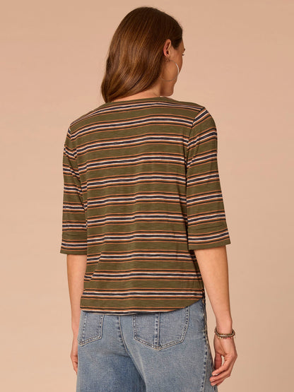Elbow Roll Cuff Sleeve Split V-Neck Striped Plus Knit Top - Celadon Multi
