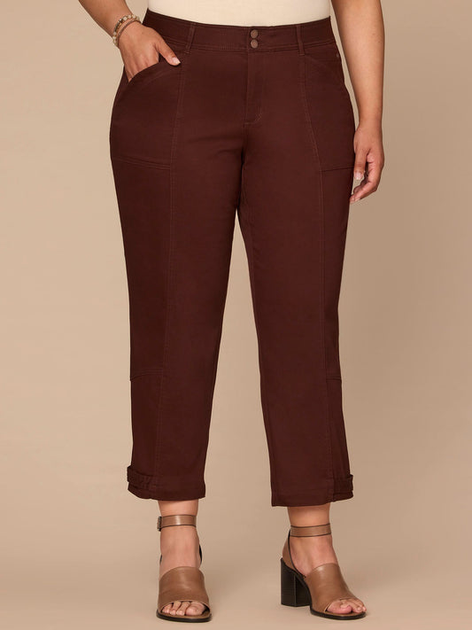 "Ab"solution High Rise Tapered Utility Plus Size Pants with Snap Hem - Cherry Chocolate|Lily Pad|Biscotti|Fired Brick|Golden Olive|Stone|Thyme|Oxblood|Ultra Navy|Vintage Walnut|Orion Blue|Portobello|Raw Sienna