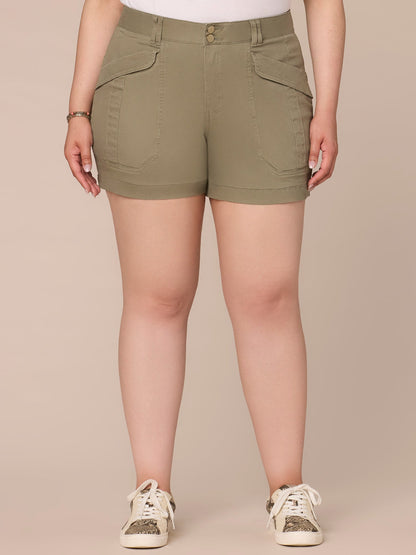 "Ab"solution® High Rise Plus Colored 5 1/2" Cargo Shorts - Shadow|Laurel Oak Green|White