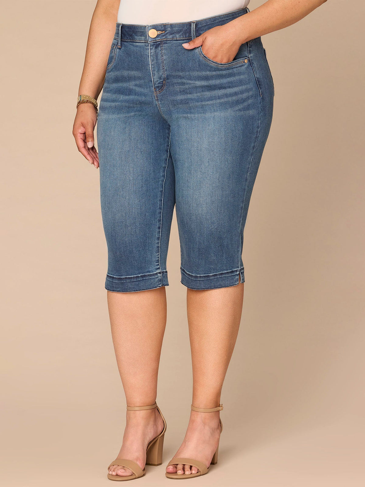 "Ab"solution® Mid-Rise 3D Embroidered Pocket Plus Size Skimmer Jeans - Blue Denim