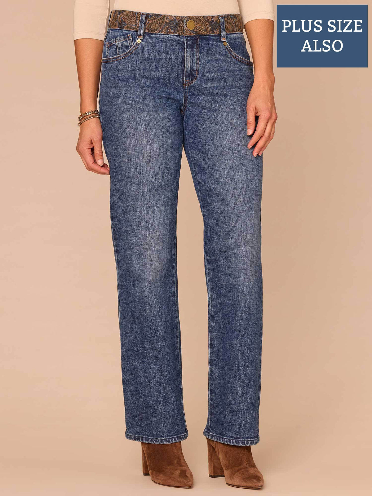 "Ab"solution® Mid-Rise Embroidered Waist Straight Leg Plus Size Jeans - Blue Denim