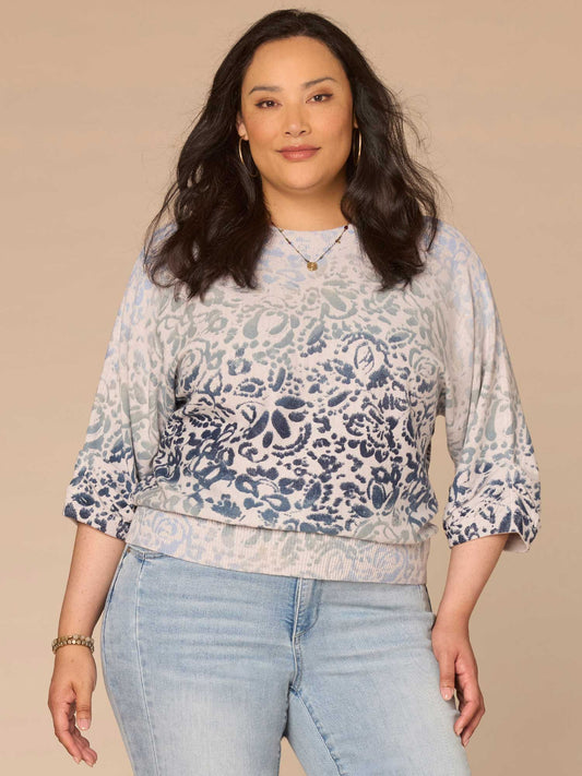 Pleated Sleeve Round Neck Banded Hem Printed Plus Size Sweater - Enchanted Blue Multi