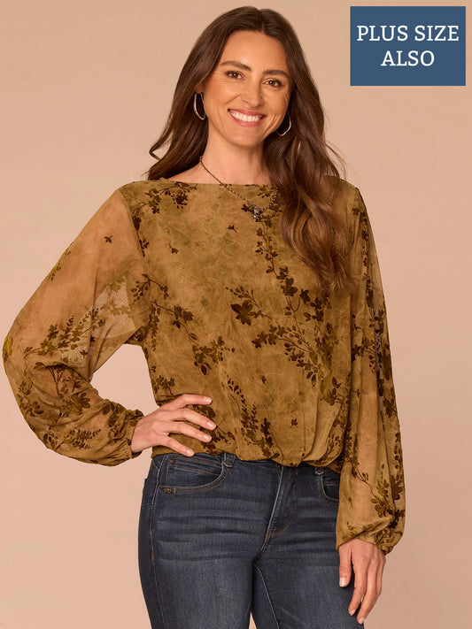 Long Blouson Sleeve Boat Neck Bubble Hem Printed Plus Size Knit Top - Jungle Moss