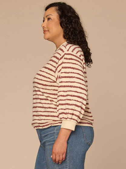 Three Quartrer Sleeve V-Neck Jacquard Bands Tie Hem Plus Size Knit Top - Birch Burnt Henna