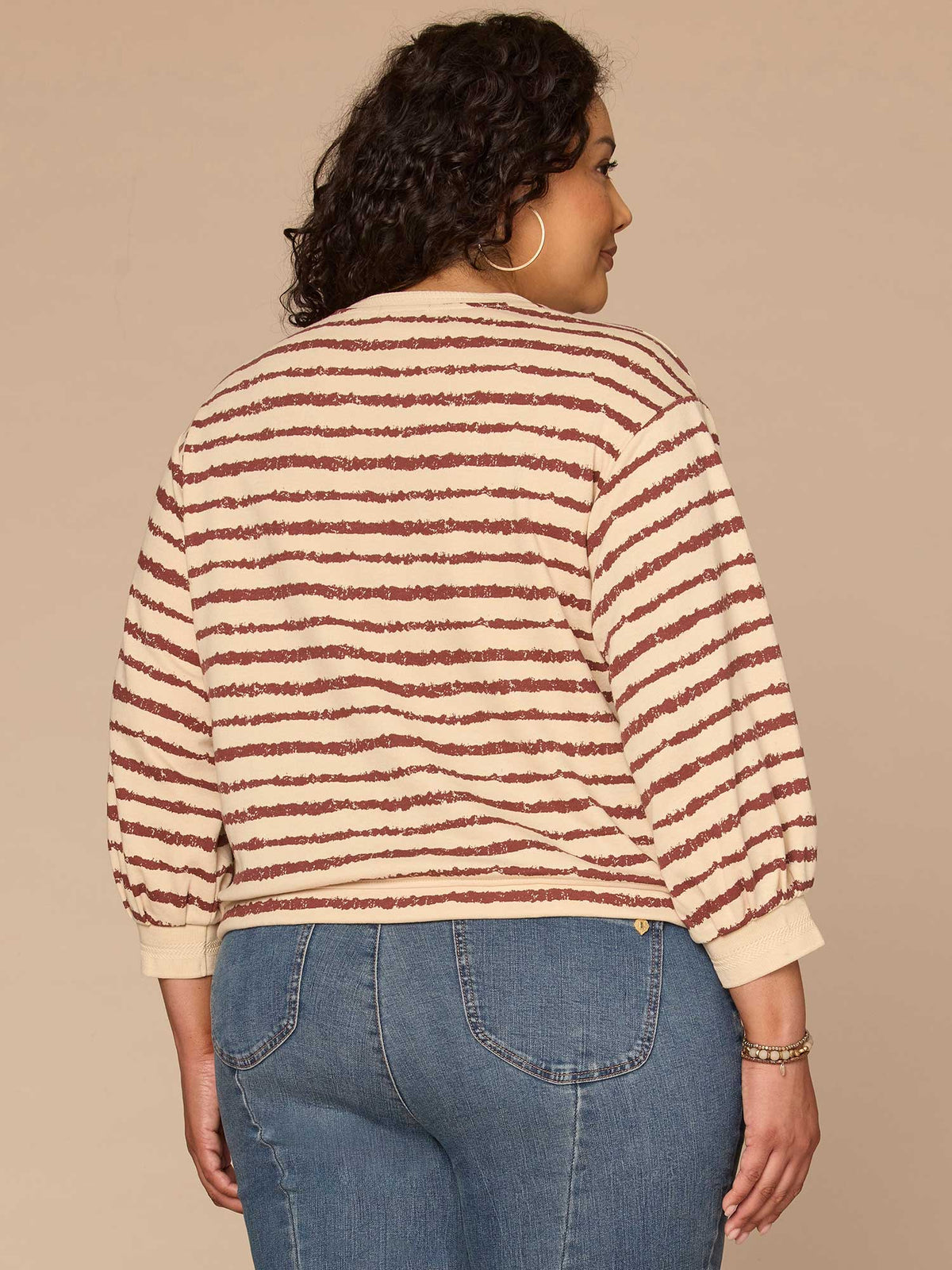 Three Quartrer Sleeve V-Neck Jacquard Bands Tie Hem Plus Size Knit Top - Birch Burnt Henna