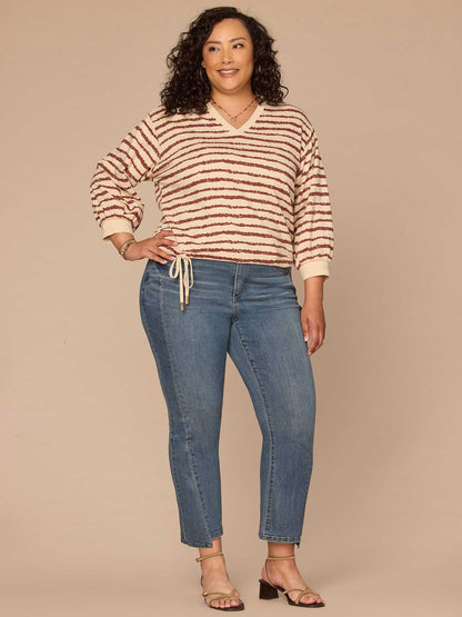 Three Quartrer Sleeve V-Neck Jacquard Bands Tie Hem Plus Size Knit Top - Birch Burnt Henna