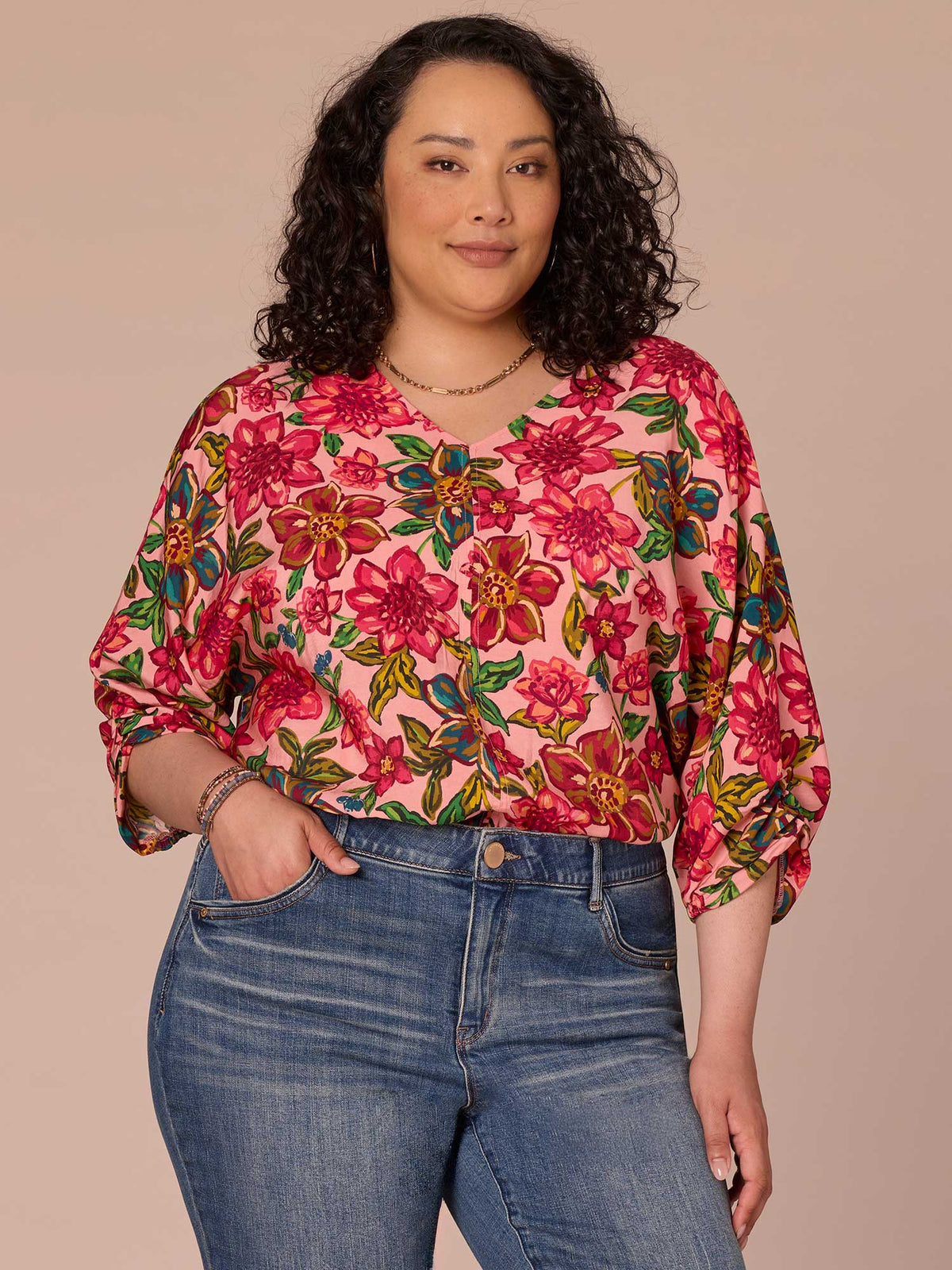 Three Quarter Kimono Sleeve V-Neck Floral Print Plus Size Woven Top - Flamingo Pink Multi