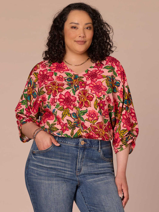 Three Quarter Kimono Sleeve V-Neck Floral Print Plus Size Woven Top - Flamingo Pink Multi