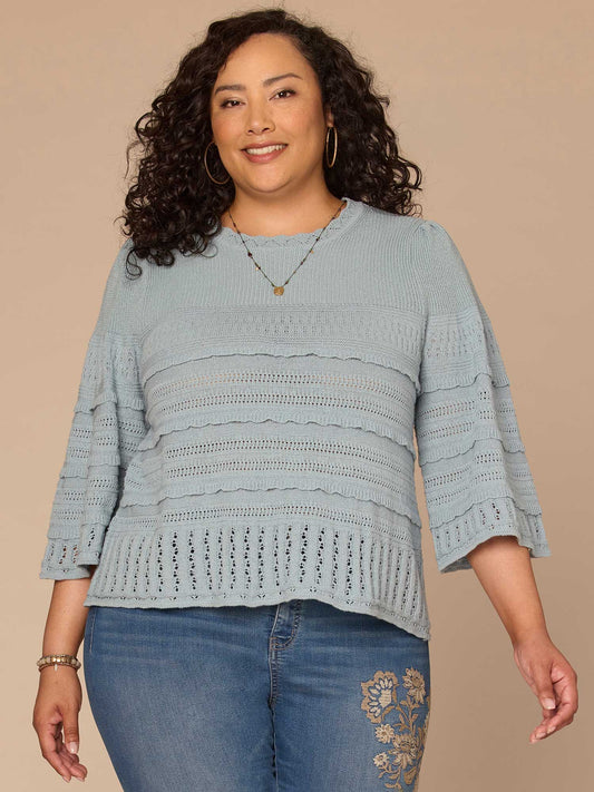 Bell Sleeve Round Neck Scallop Edge Stitch Mix Plus Size Sweater - Nile Blue