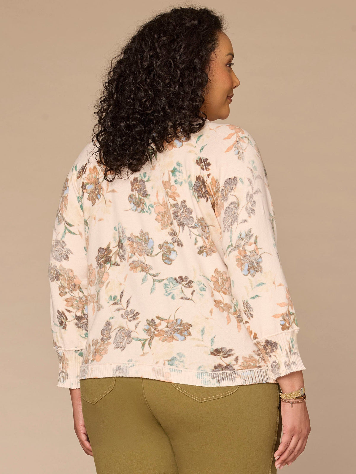 Three Quarter Sleeve Round Neck Reversible Plus Size Sweater Cardigan - Blush Airy Blue Multi