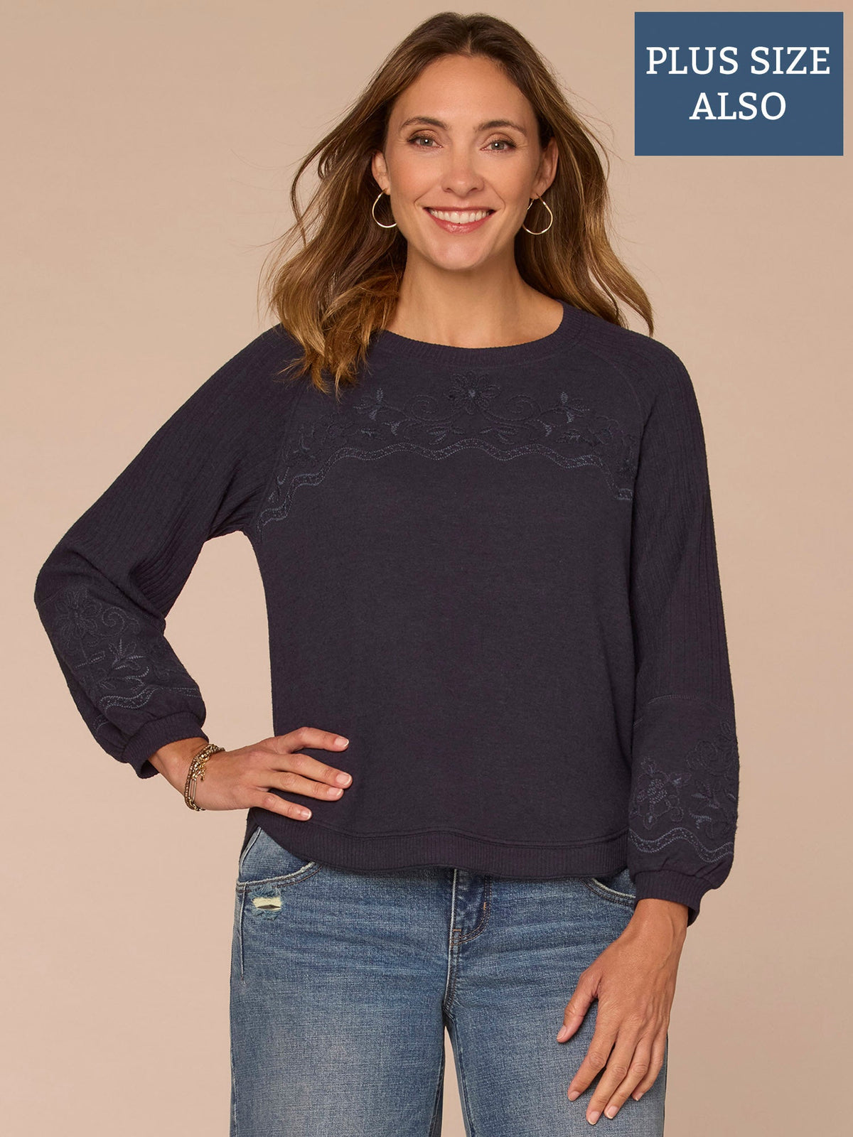 Blouson Sleeve Scoop Neck Embroidered Mixed Media Plus Size Knit Top - Heather Carbon Blue