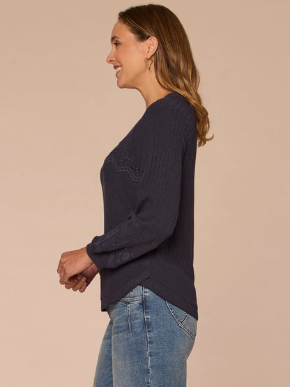 Blouson Sleeve Scoop Neck Embroidered Mixed Media Plus Size Knit Top - Heather Carbon Blue
