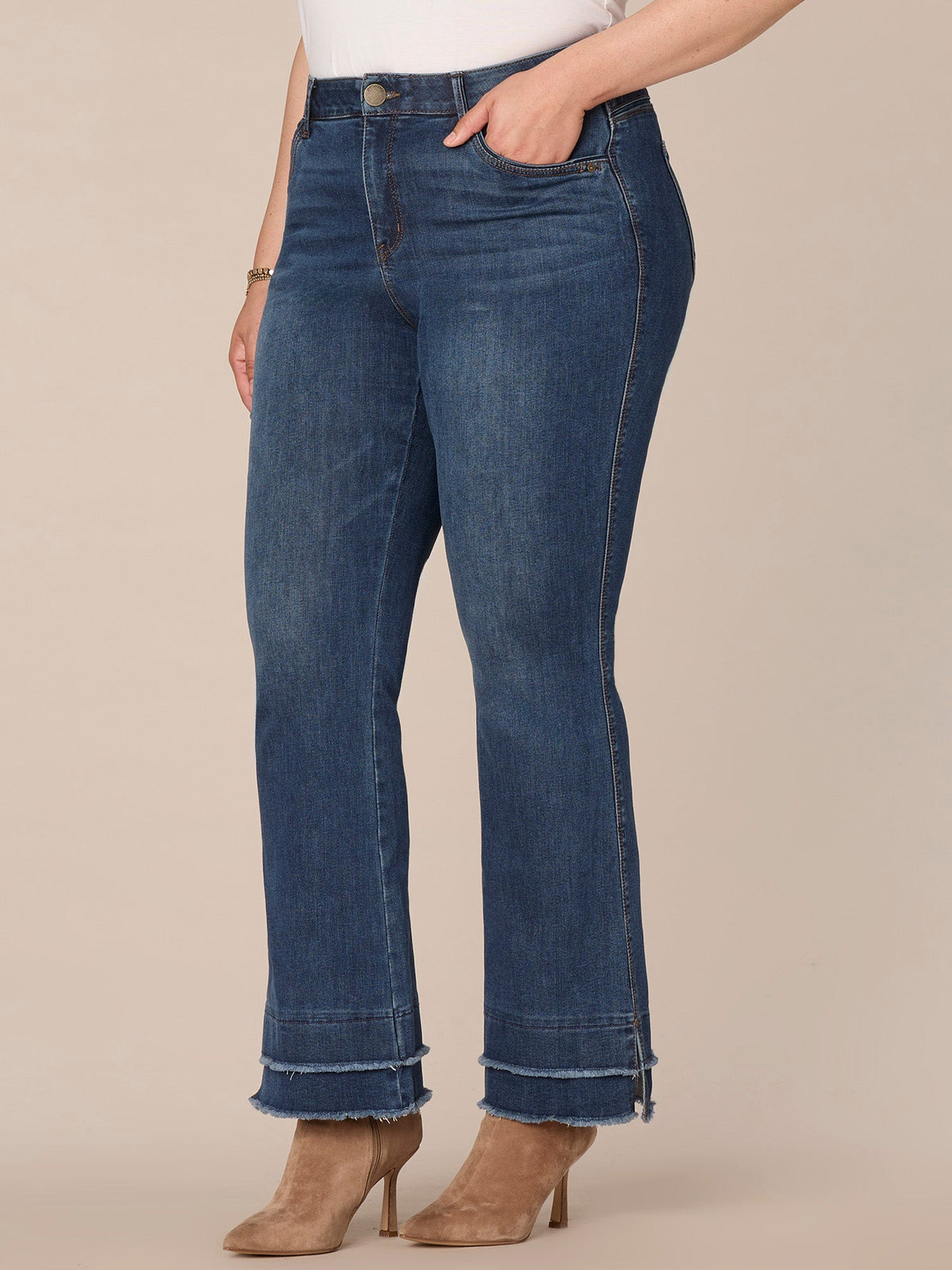 "Ab"solution High Rise Fray Hem Itty Bitty More Boot Plus Size Jeans - Blue Denim