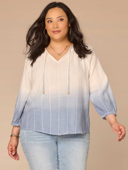 Three Quarter Sleeve Split Neck Ombre Plus Size Woven Top with Tie - White Blue Gradient