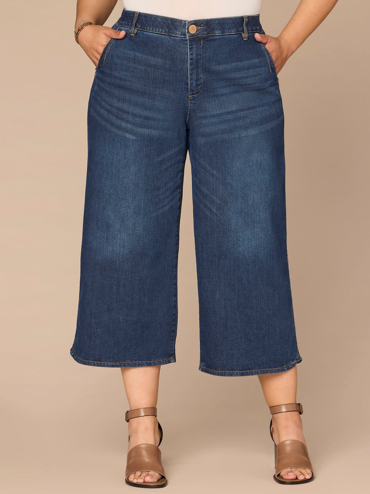"Ab"solution® Skyrise Dart Seam Tulip Hem Crop Plus Size Wide Leg Jean - Blue Denim