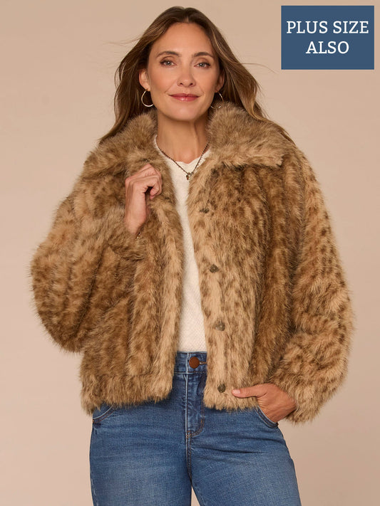 Blouson Sleeve Wide Collar Wildlife Print Plus Size Faux Fur Bomber - Gingersnap Multi