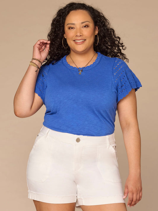 Short Flutter Sleeve Crochet Scoop Neck Plus Size Knit Top - Pacific Blue