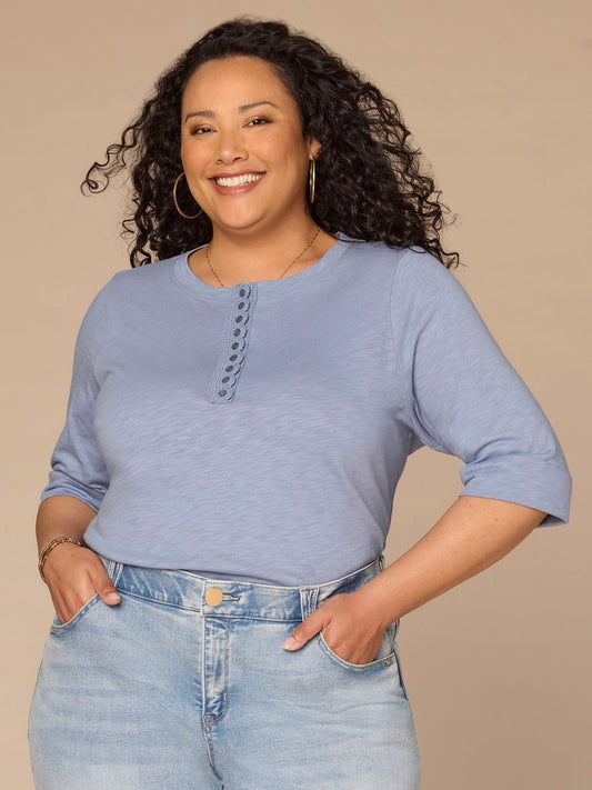 Elbow Roll Cuff Sleeve Scoop Neck Crochet Placket Plus Size Knit Top - Horizon Blue