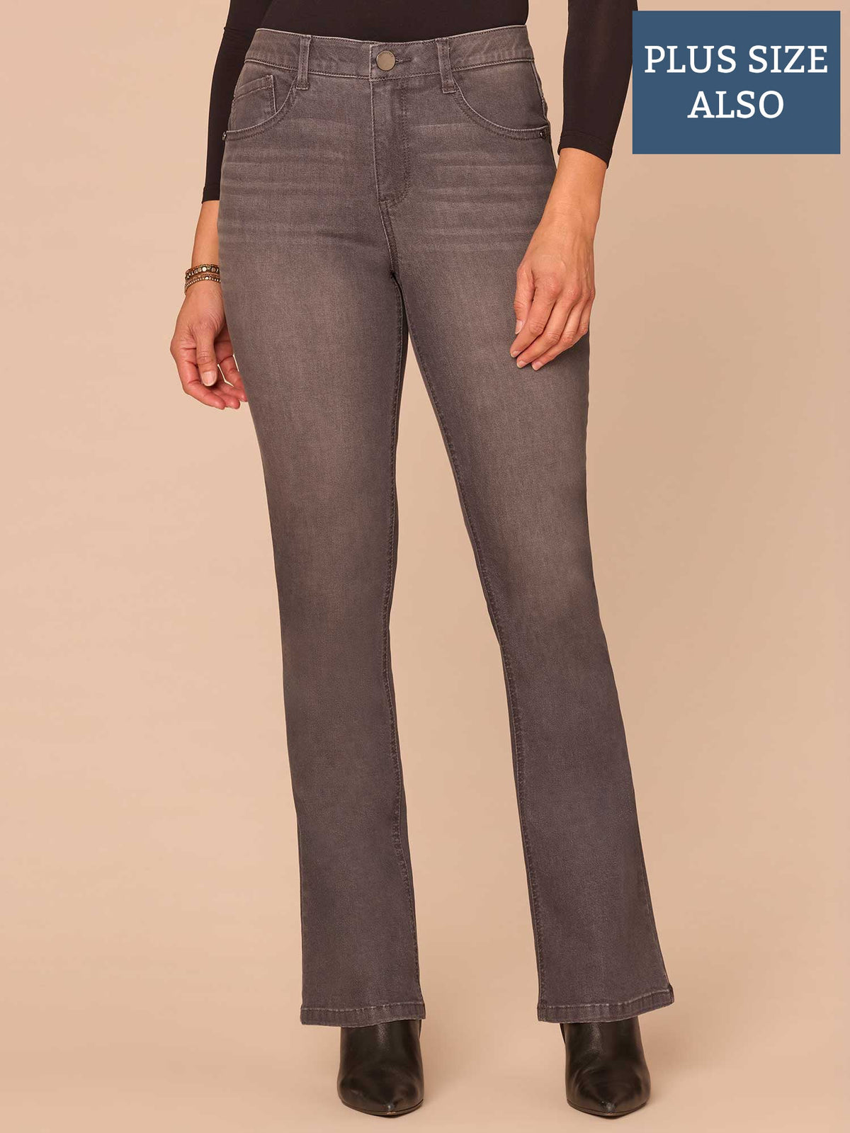 "Ab"solution® Cascading D Rhinestone Itty Bitty Boot Plus Size Jeans - Grey Denim