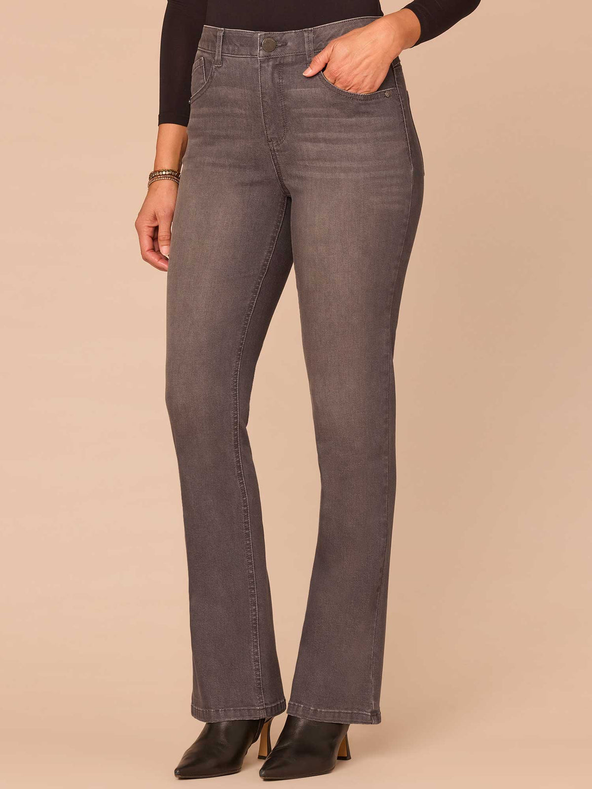 "Ab"solution® Cascading D Rhinestone Itty Bitty Boot Plus Size Jeans - Grey Denim