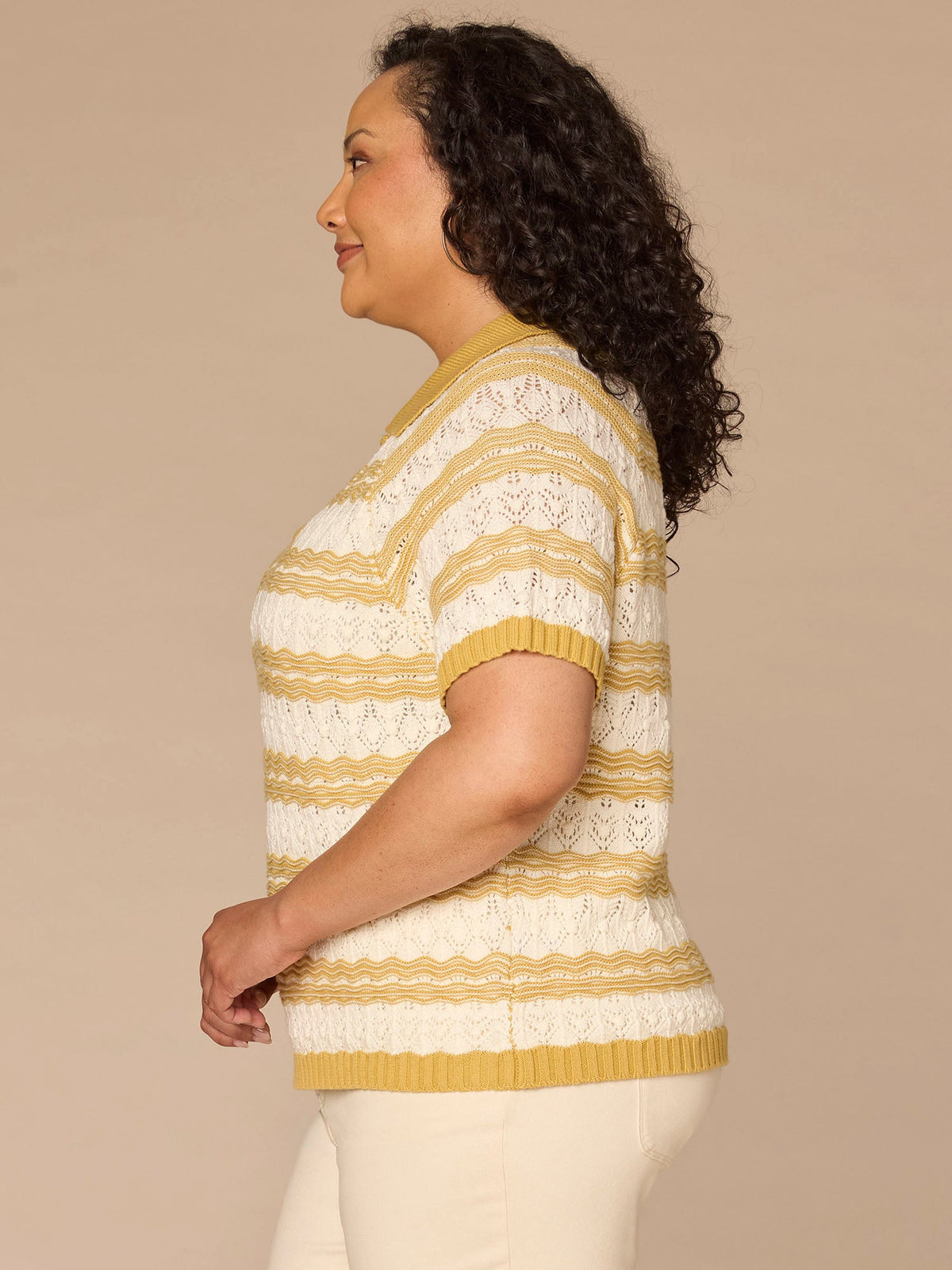 Short Sleeve V-Placket Novelty Stitch Stripe Plus Size Sweater Top - Tuscan Sun Off White