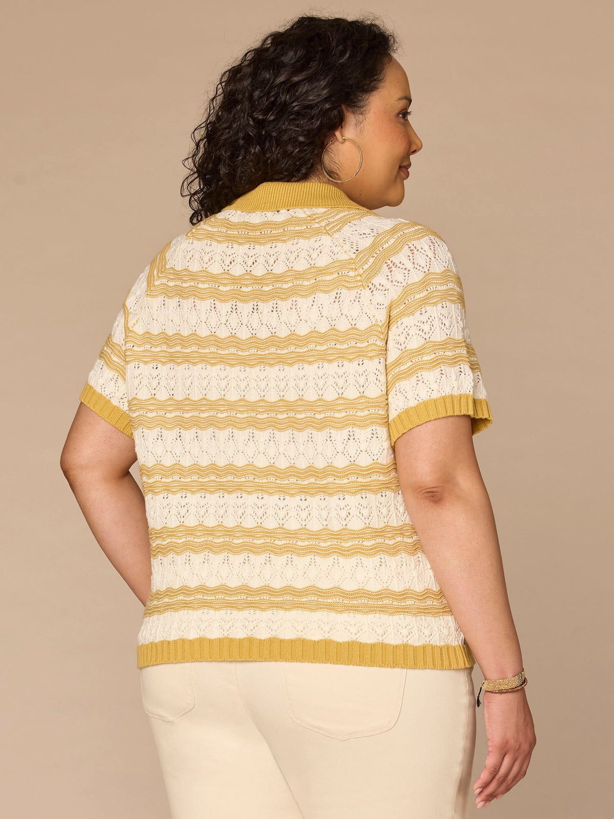 Short Sleeve V-Placket Novelty Stitch Stripe Plus Size Sweater Top - Tuscan Sun Off White