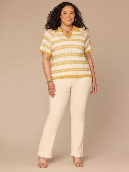 Short Sleeve V-Placket Novelty Stitch Stripe Plus Size Sweater Top - Tuscan Sun Off White