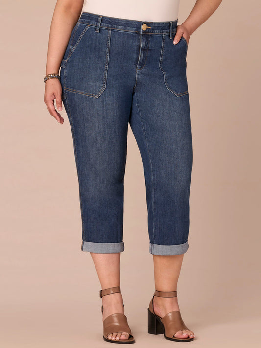 "Ab"solution® High Rise Patch Pocket Roll Cuff Plus Size Utility Jeans - Blue Denim
