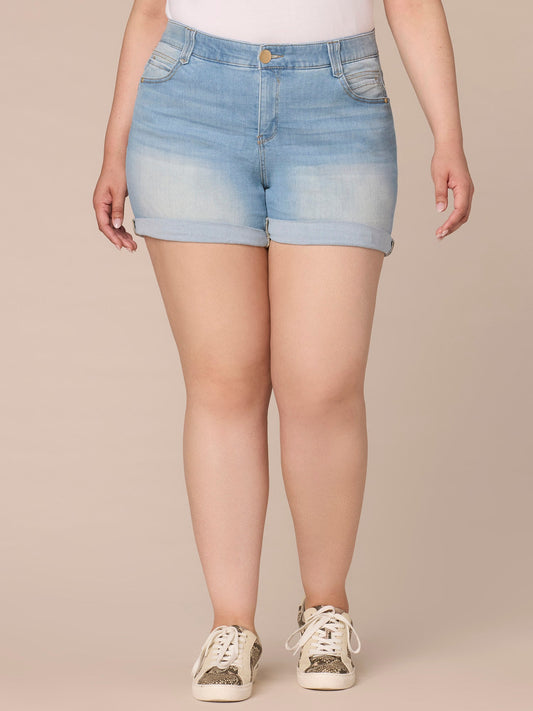 "Ab"solution Mid-Rise Plus Size Shorts with Angled Dart Seams - Powder Blue Artisanal Denim